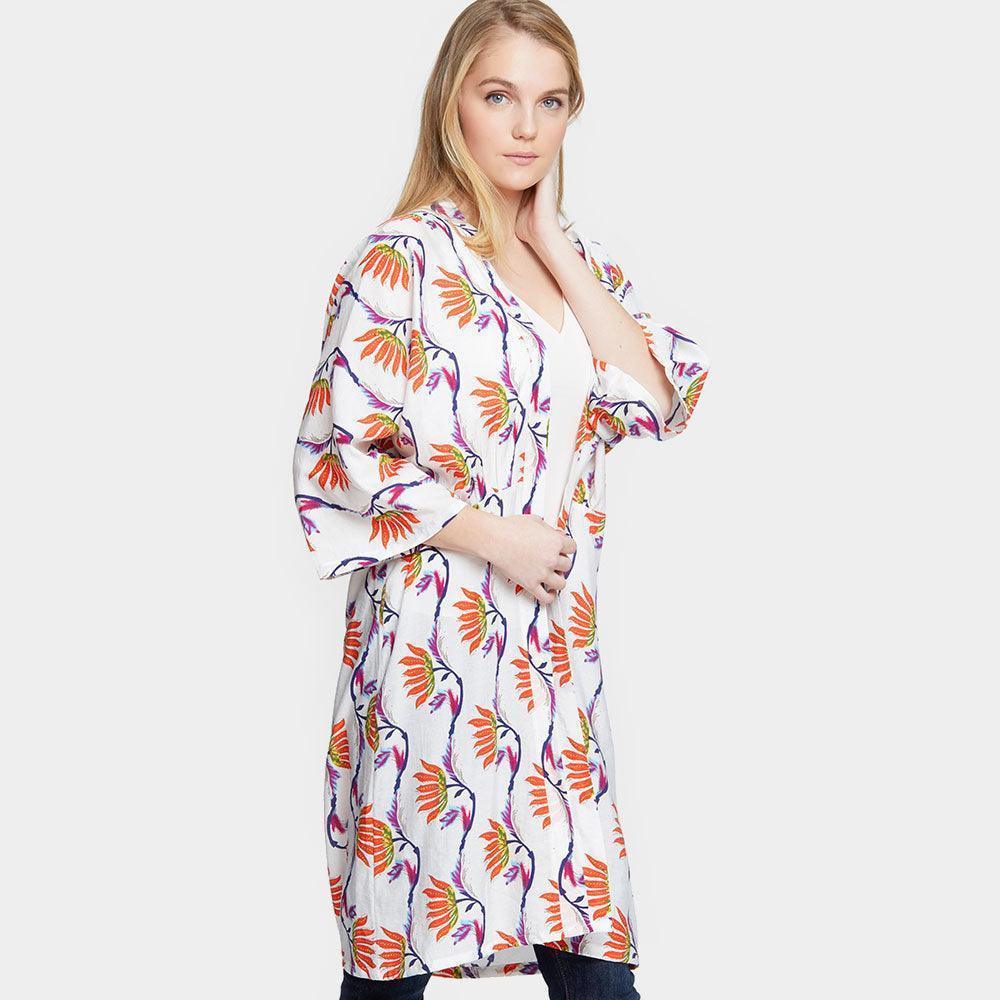 White Oriental Floral Print Long Kimono Poncho - Jewelry Store by Erik Rayo