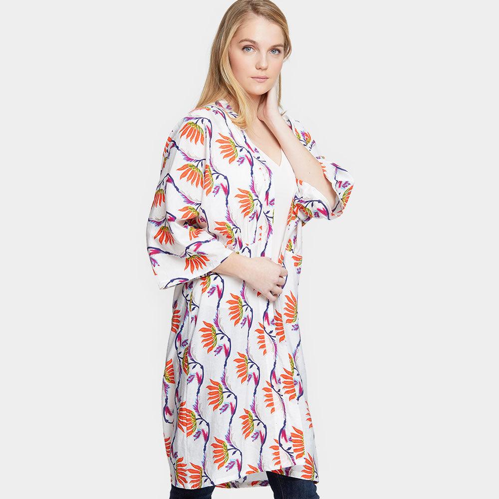 White Oriental Floral Print Long Kimono Poncho