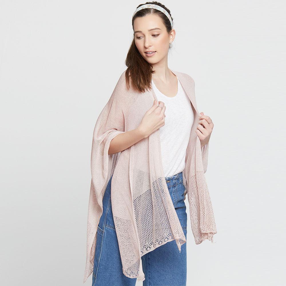 Pink Solid Knitted Mesh Trimmed Ruana Poncho - Jewelry Store by Erik Rayo