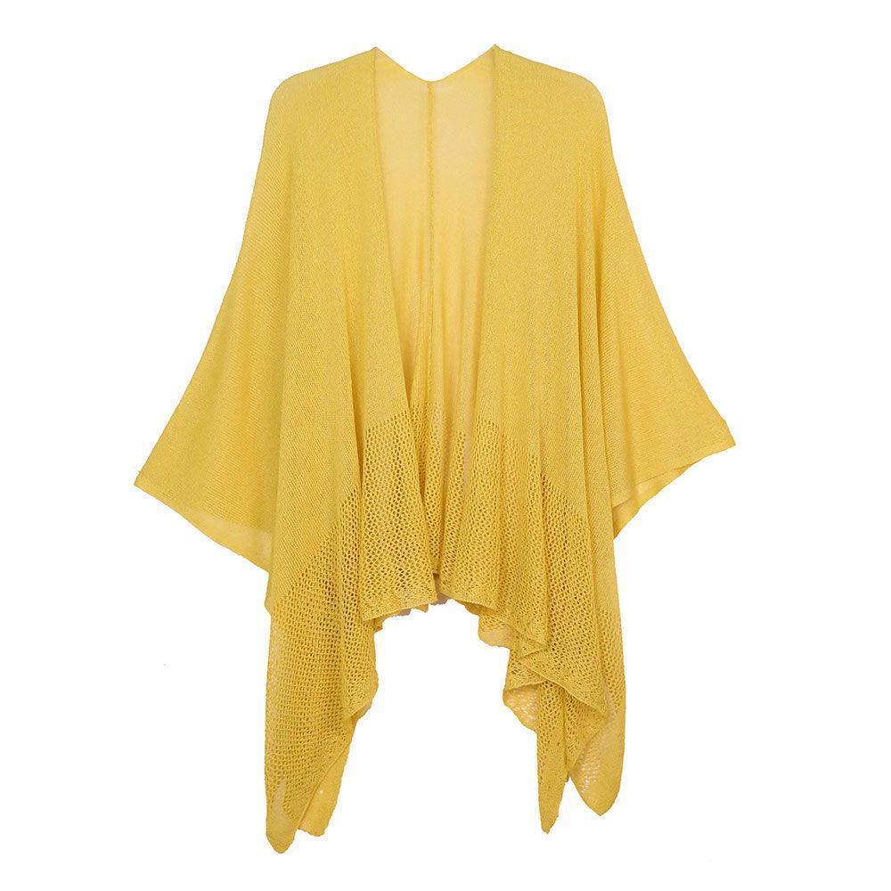 Mustard Solid Knitted Mesh Trimmed Ruana Poncho - Jewelry Store by Erik Rayo