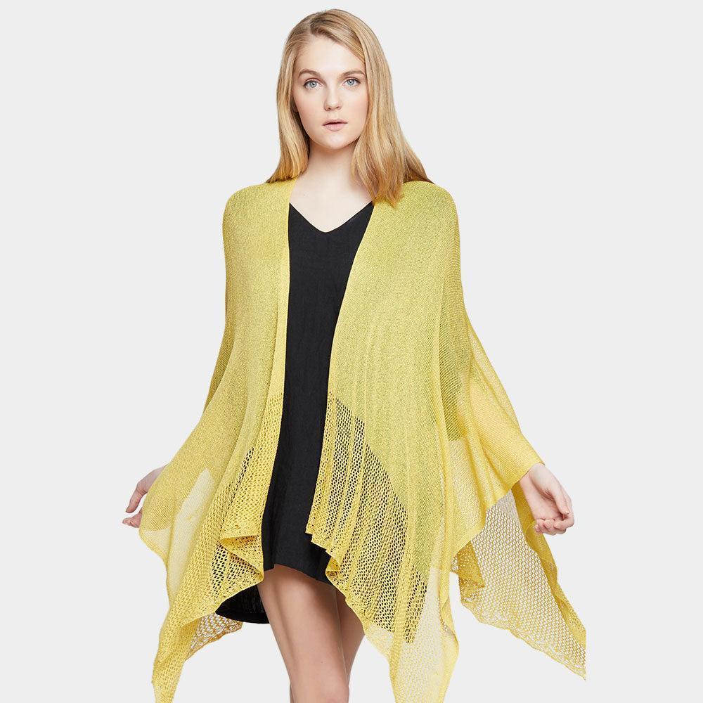 Mustard Solid Knitted Mesh Trimmed Ruana Poncho - Jewelry Store by Erik Rayo