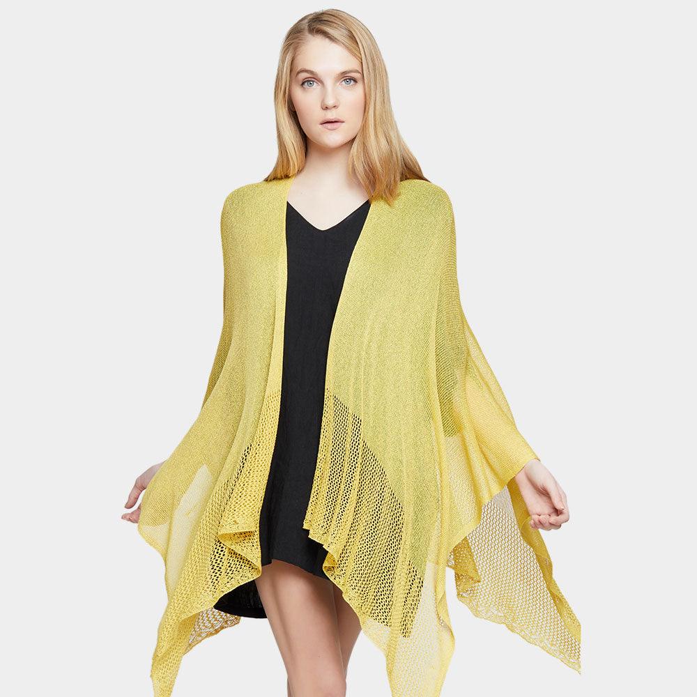 Mustard Solid Knitted Mesh Trimmed Ruana Poncho