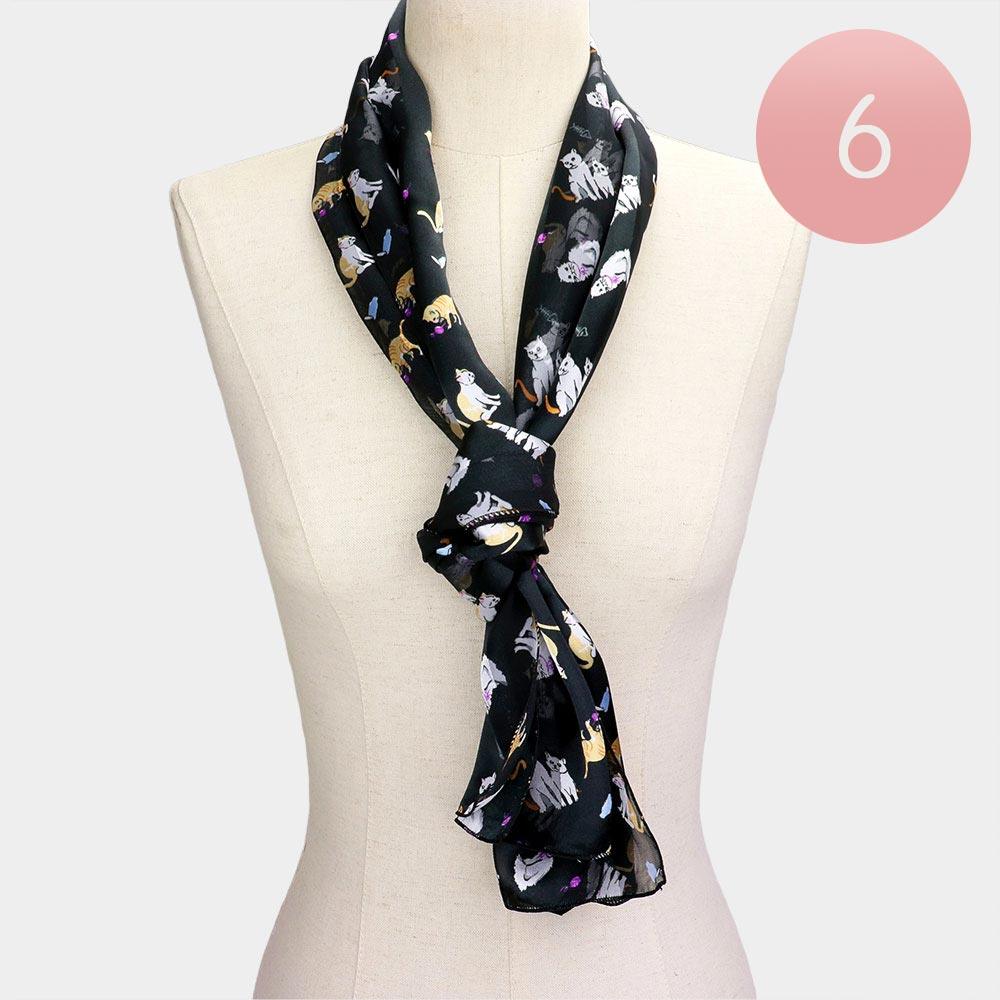 Black 6PCS - Silk Feel Satin Striped Cat Print scarf