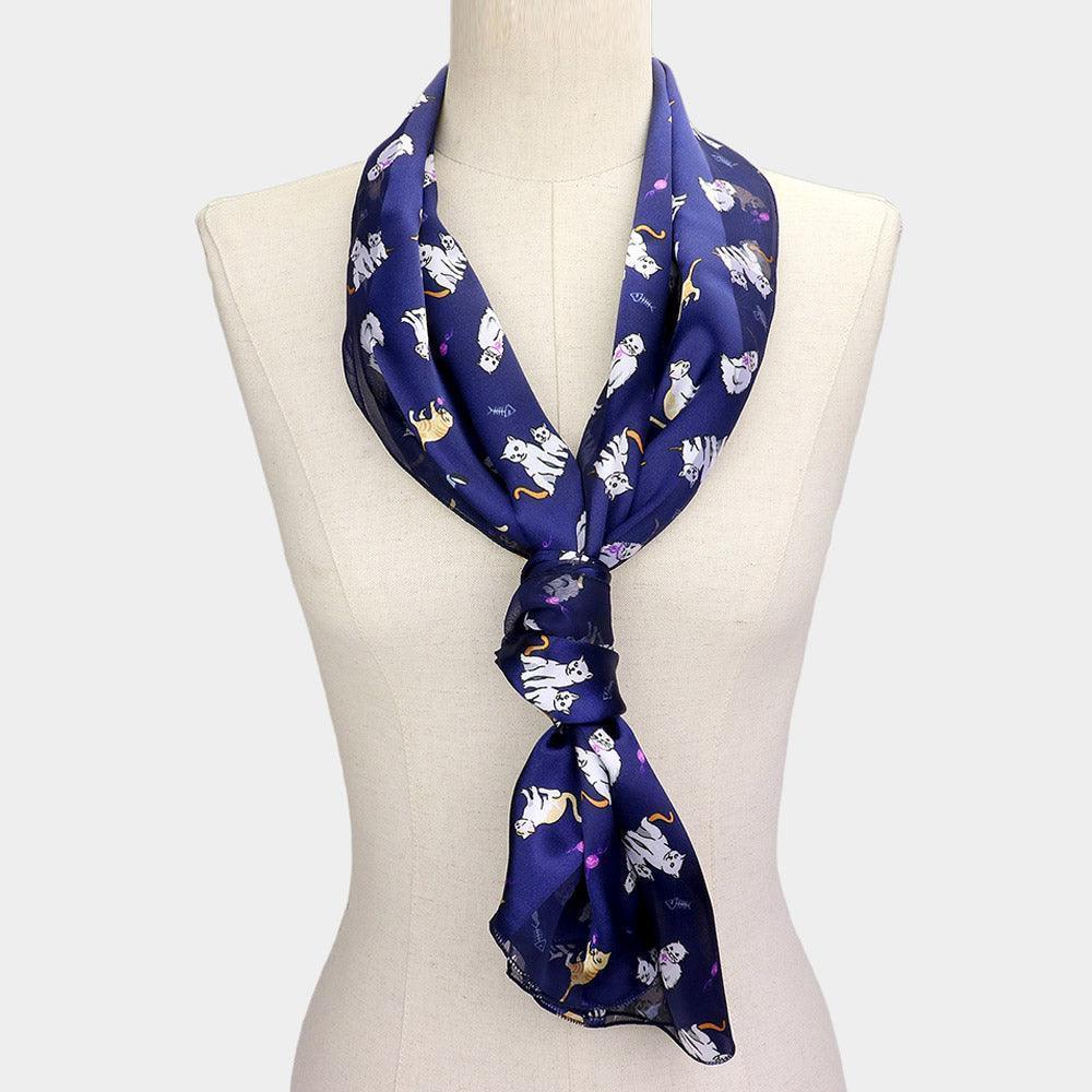 Navy 6PCS - Silk Feel Satin Striped Cat Print scarf - Jewelry Store by Erik Rayo