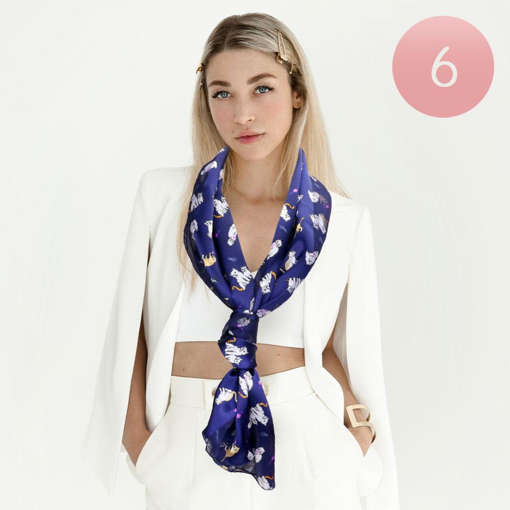 Navy 6PCS - Silk Feel Satin Striped Cat Print scarf