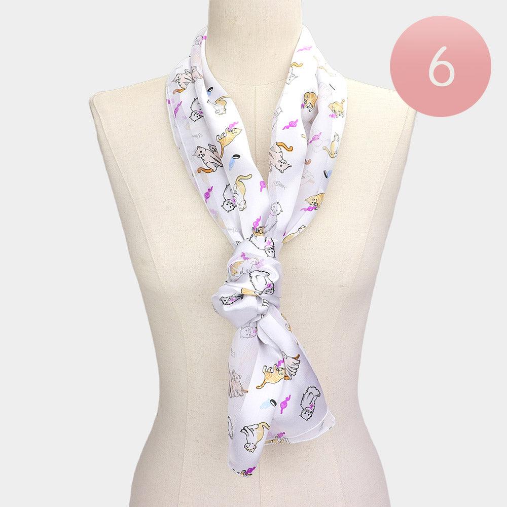 White 6PCS - Silk Feel Satin Striped Cat Print scarf