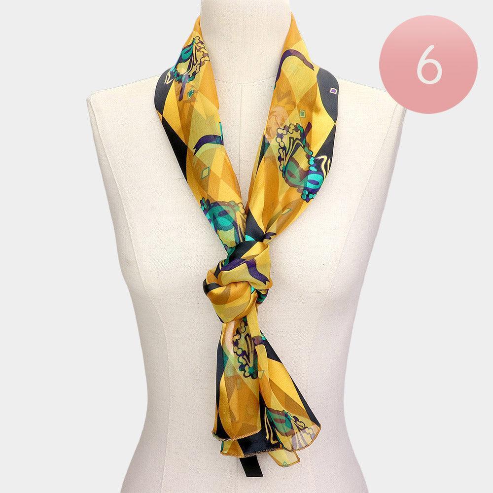 Gold 6PCS - Silk Feel Satin Mardi Gras Mask Pierrot Pattern Printed Scarf - Jewelry Store by Erik Rayo
