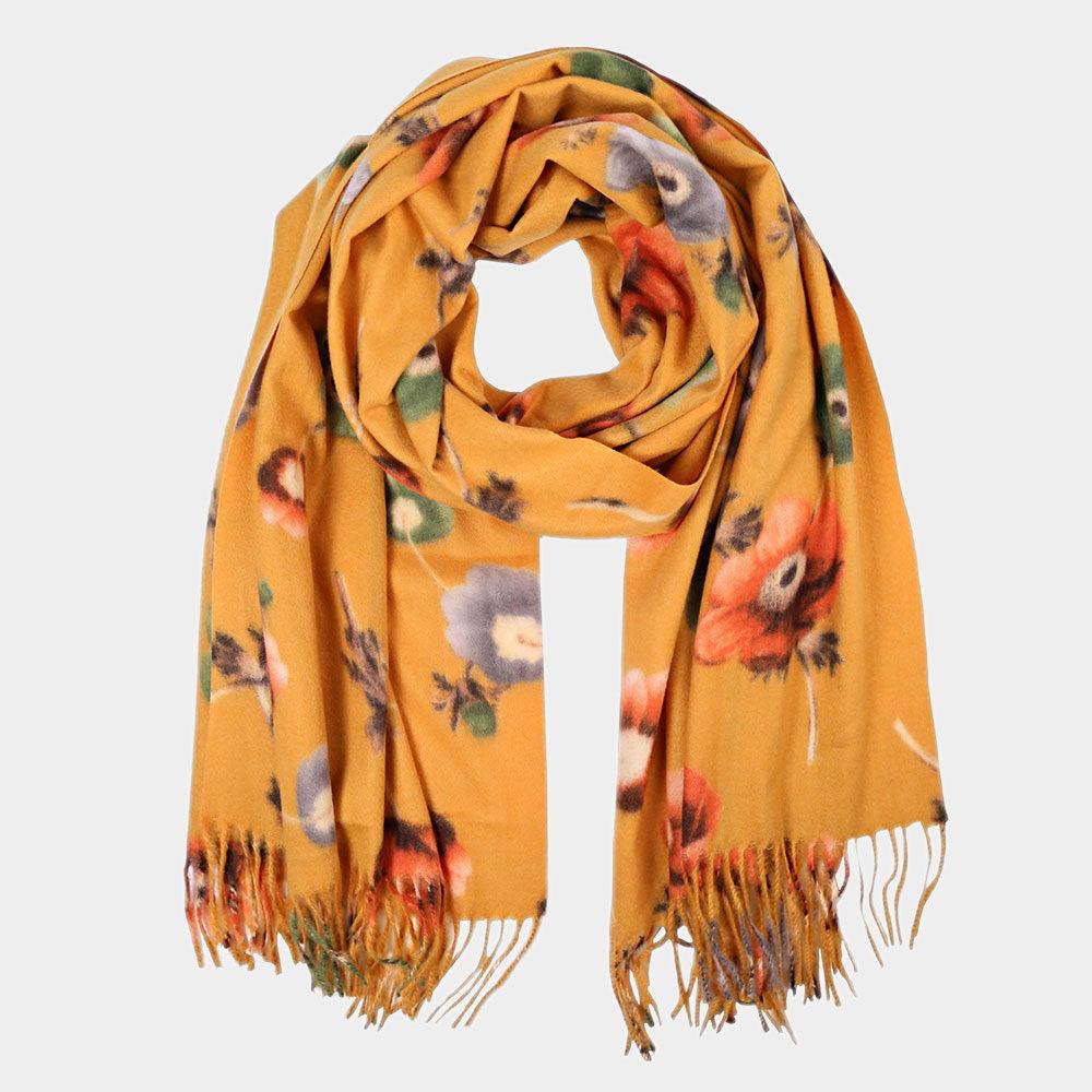 Mustard Floral Fringe Scarf