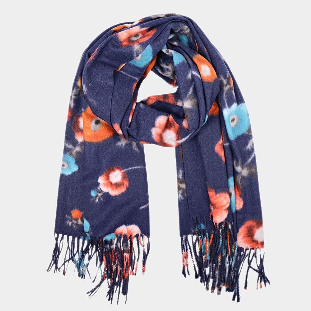 Navy Floral Fringe Scarf