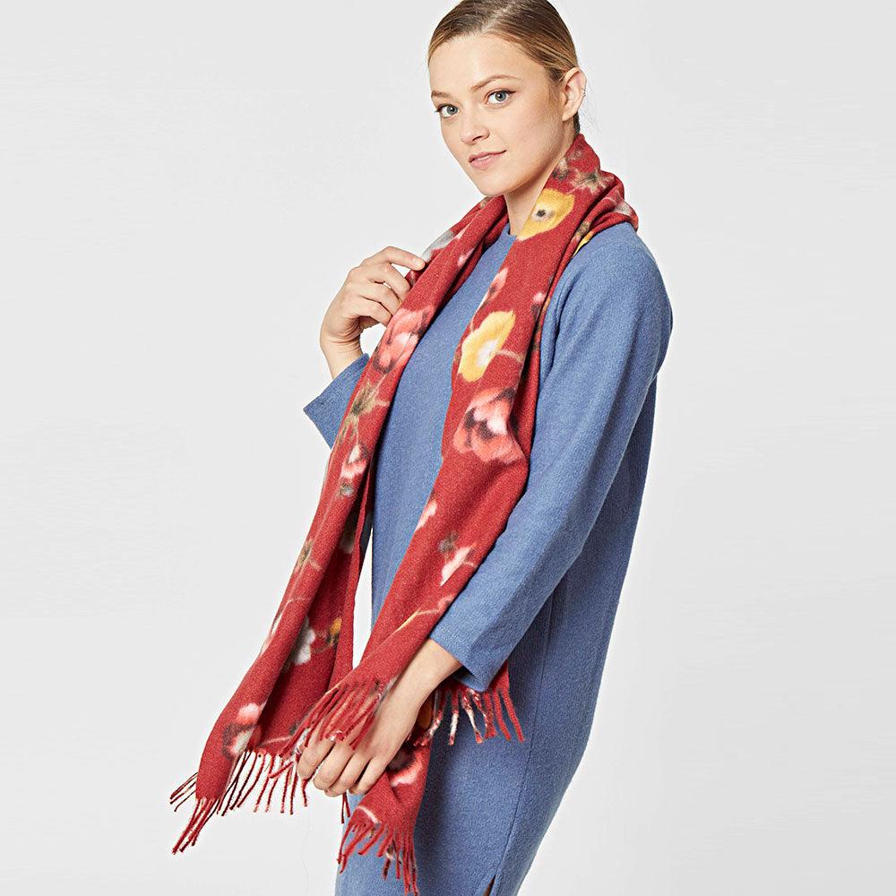 Red Floral Fringe Scarf