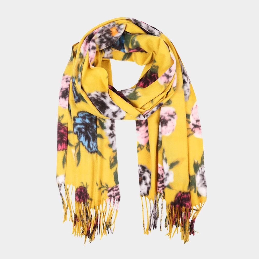 Mustard Floral Fringe Scarf