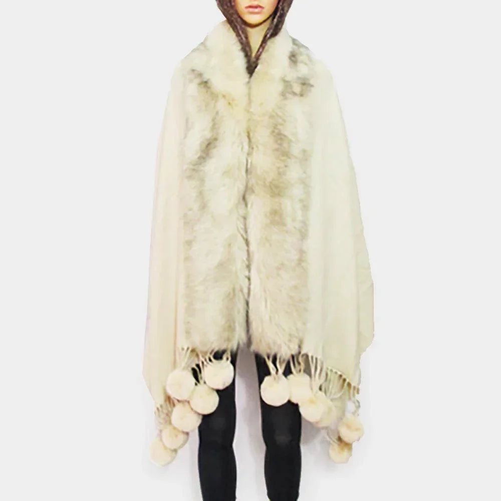 Ivory Faux Fur Trim Pom Pom Dangle Poncho - Jewelry Store by Erik Rayo