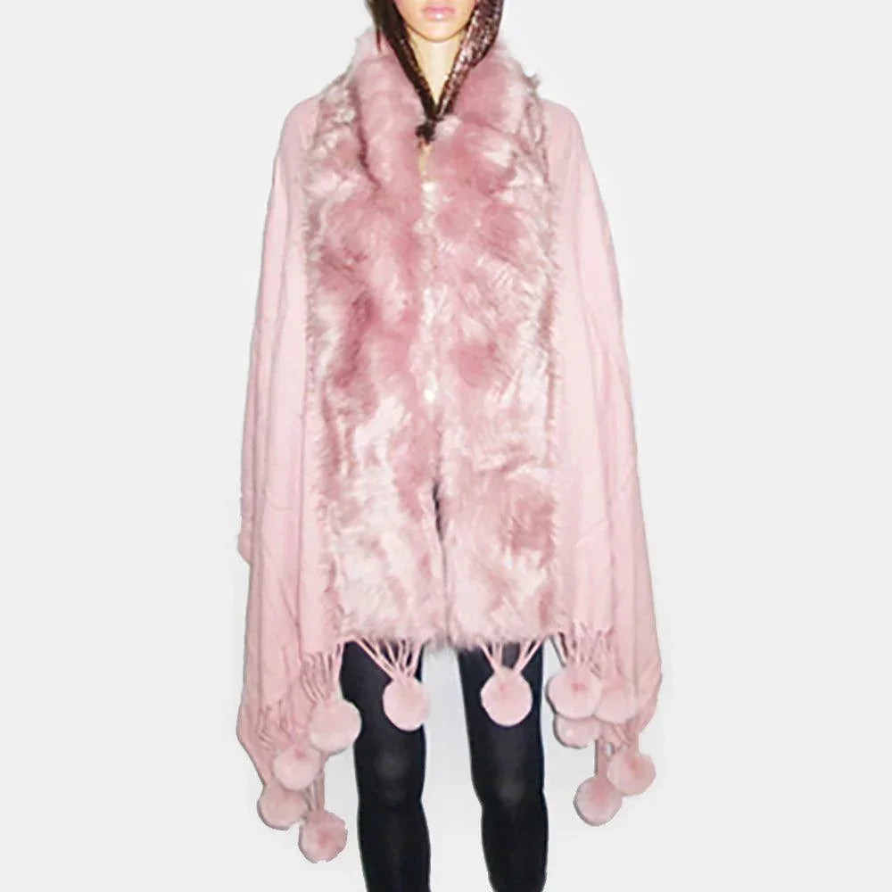 Pink Faux Fur Trim Pom Pom Dangle Poncho - Jewelry Store by Erik Rayo