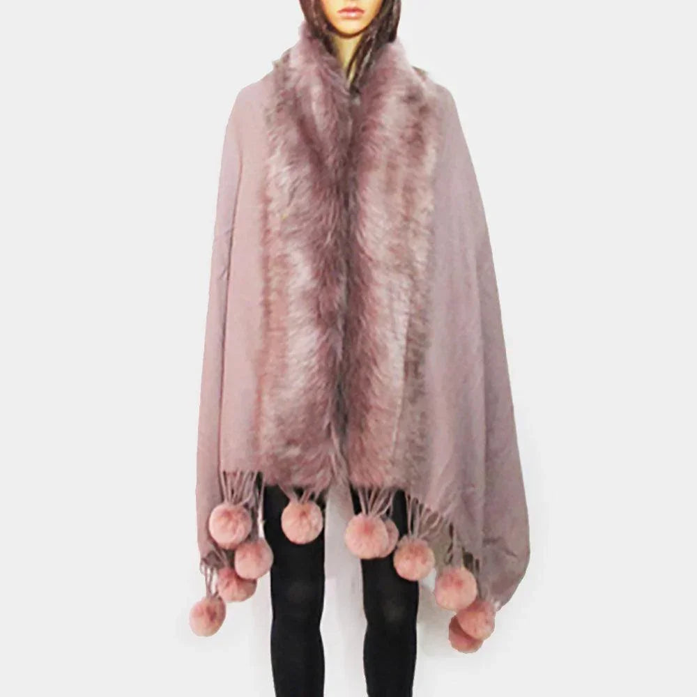 Purple Faux Fur Trim Pom Pom Dangle Poncho - Jewelry Store by Erik Rayo