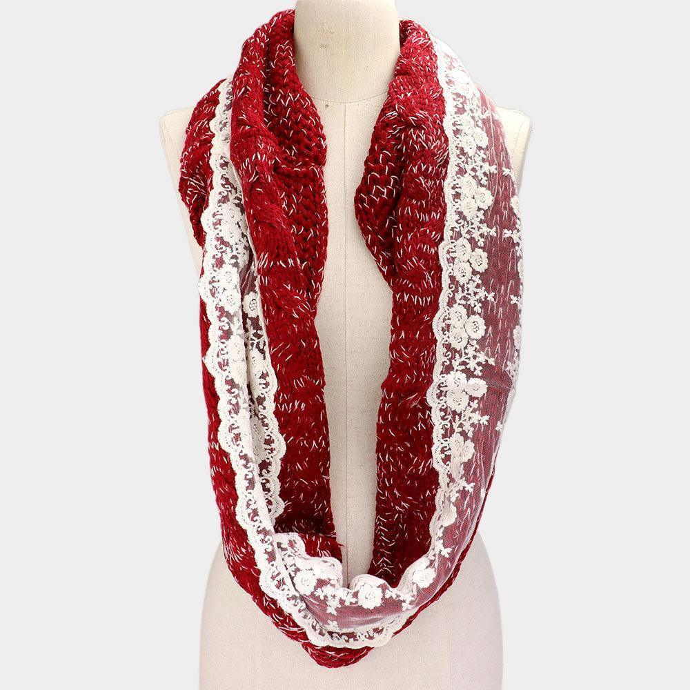 Burgundy Lace Trimmed Cable Knit Infinity Scarf - Jewelry Store by Erik Rayo