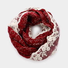 Load image into Gallery viewer, Burgundy Lace Trimmed Cable Knit Infinity Scarf
