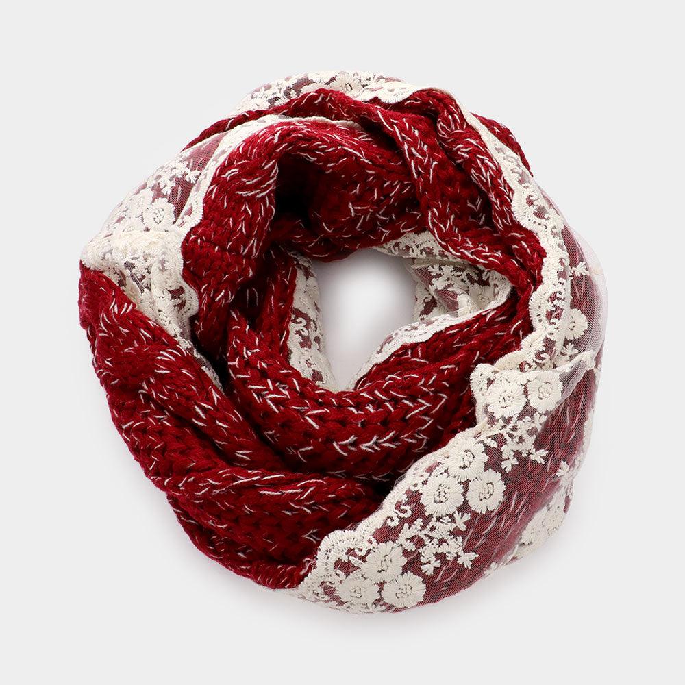 Burgundy Lace Trimmed Cable Knit Infinity Scarf