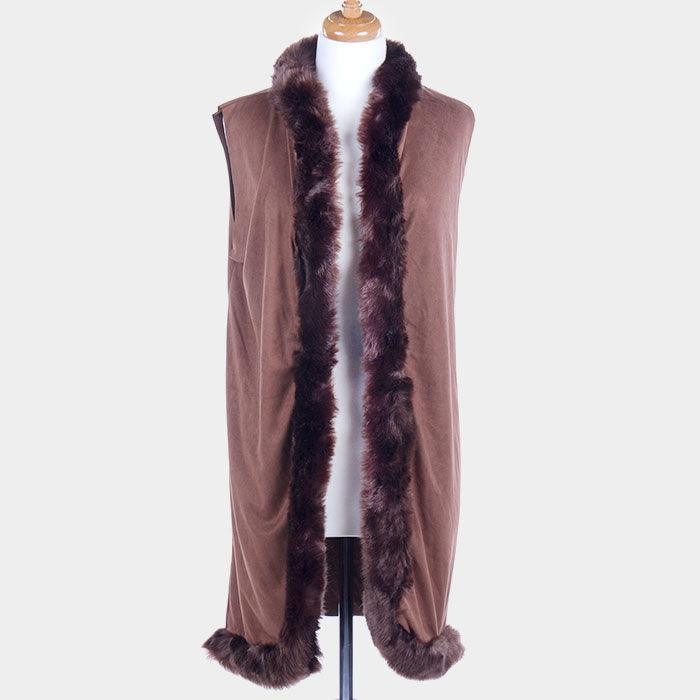 Taupe Faux fur trim long vest - Jewelry Store by Erik Rayo