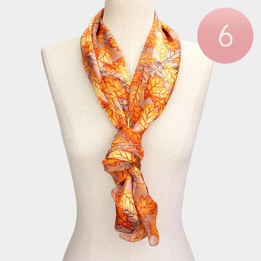 Beige 6PCS - Silk Feel Striped Leaf Print Scarf