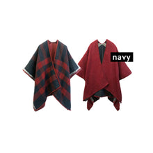 Load image into Gallery viewer, Navy Reversible Plaid Check Ruana Poncho
