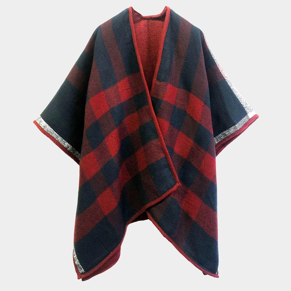 Navy Reversible Plaid Check Ruana Poncho