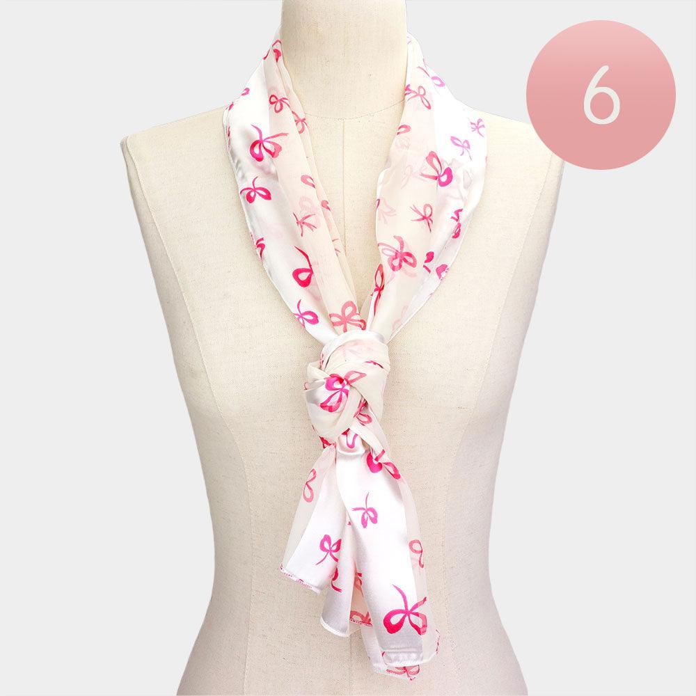 Ivory 6PCS - Silk Feel Satin Striped Bow Print scarf