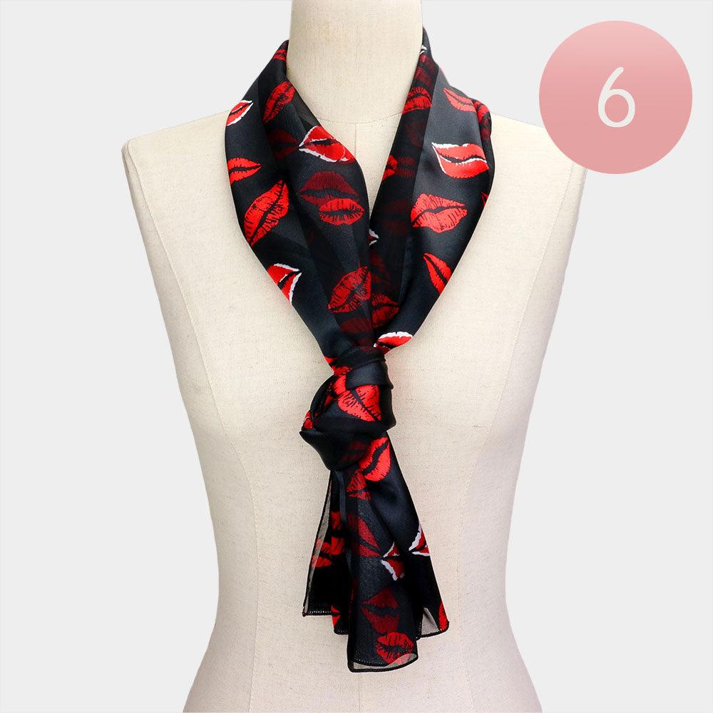 Red 6PCS - Silk Feel Satin Striped Lips Pattern Printed Scarf