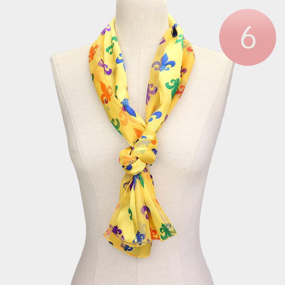 Gold 6PCS - Silk Feel Satin Mardi Gras Fleur de Lis Patterned Scarf - Jewelry Store by Erik Rayo