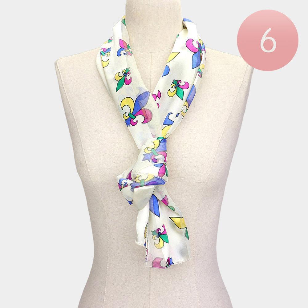 Ivory 6PCS - Silk Feel Satin Mardi Gras Fleur de Lis Patterned Scarf - Jewelry Store by Erik Rayo