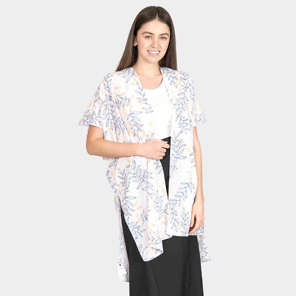 Beige Leaf Patterned Cover Up Kimono Poncho