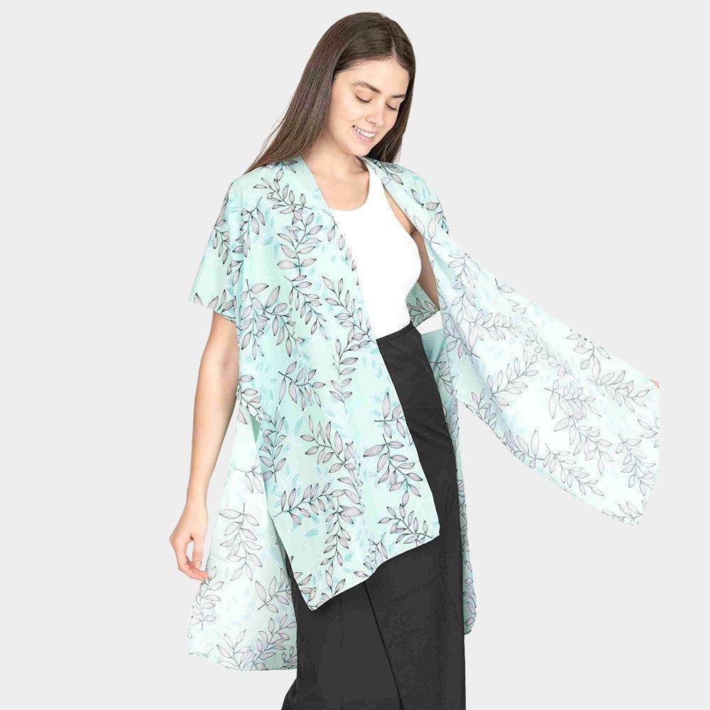 Green Leaf Patterned Cover Up Kimono Poncho - Jewelry Store by Erik Rayo