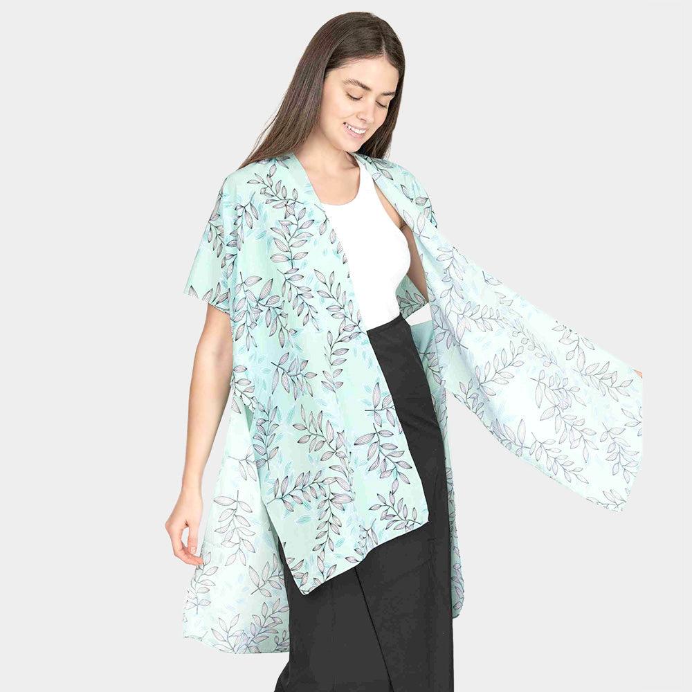 Green Leaf Patterned Cover Up Kimono Poncho