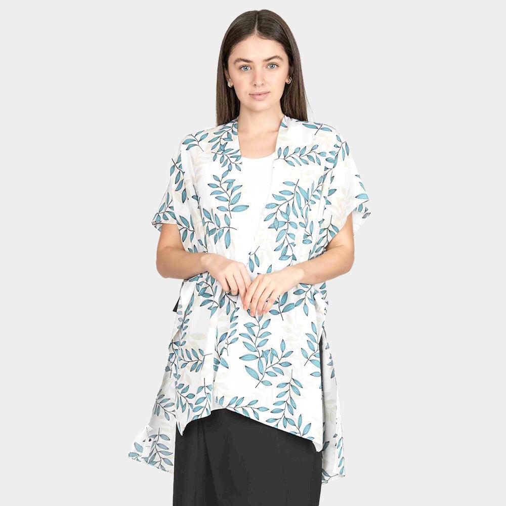 Ivory Leaf Patterned Cover Up Kimono Poncho