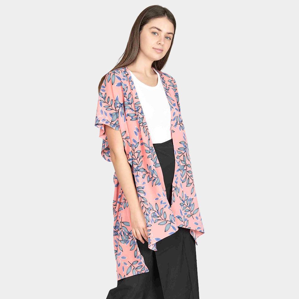 Peach Leaf Patterned Cover Up Kimono Poncho