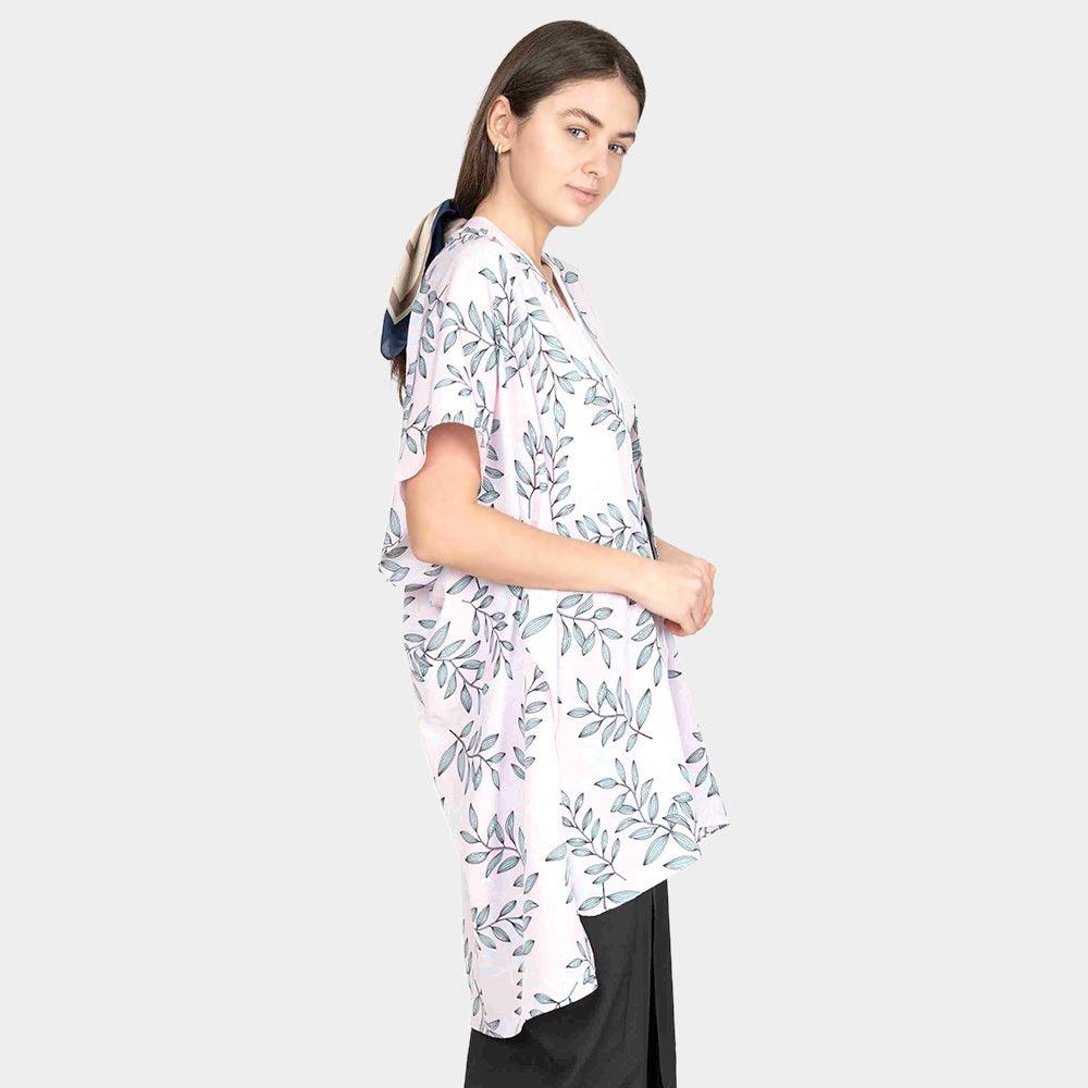 Pink Leaf Patterned Cover Up Kimono Poncho