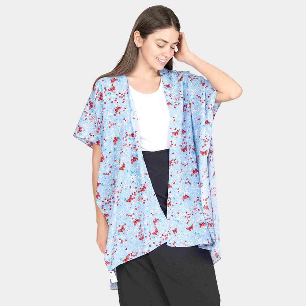 Blue Butterfly Flower Patterned Cover Up Kimono Poncho