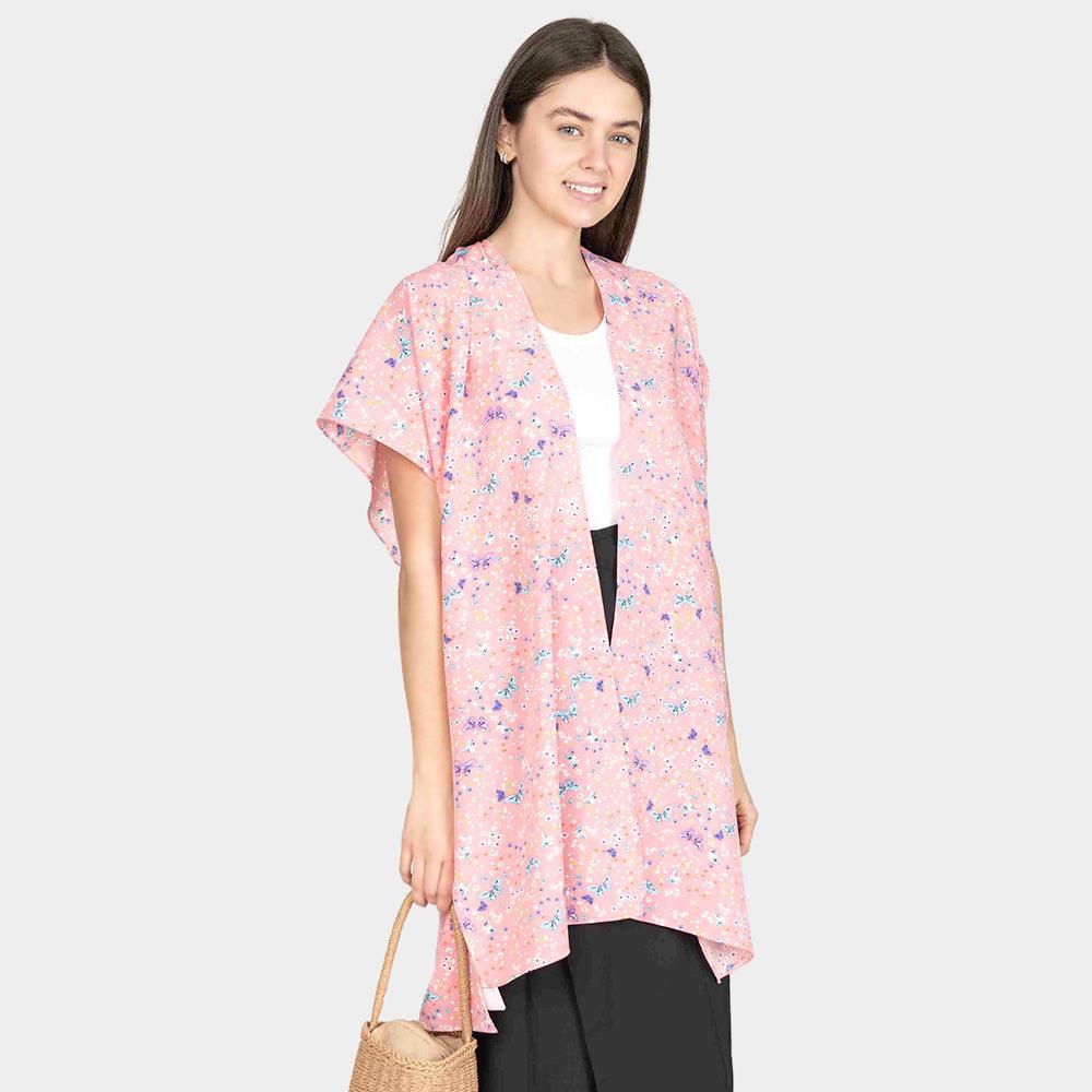 Pink Butterfly Flower Patterned Cover Up Kimono Poncho