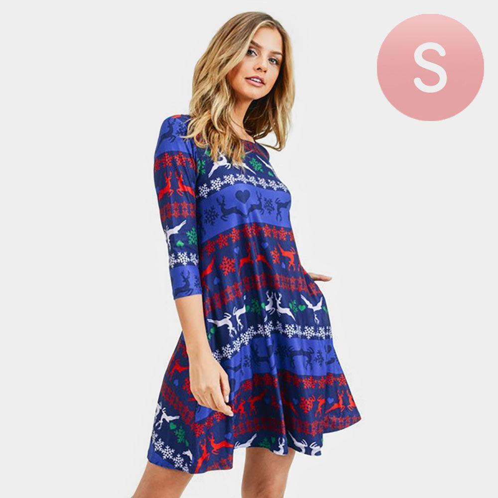 Blue Fair Isle Reindeer Print A-Line Dress - Jewelry Store by Erik Rayo