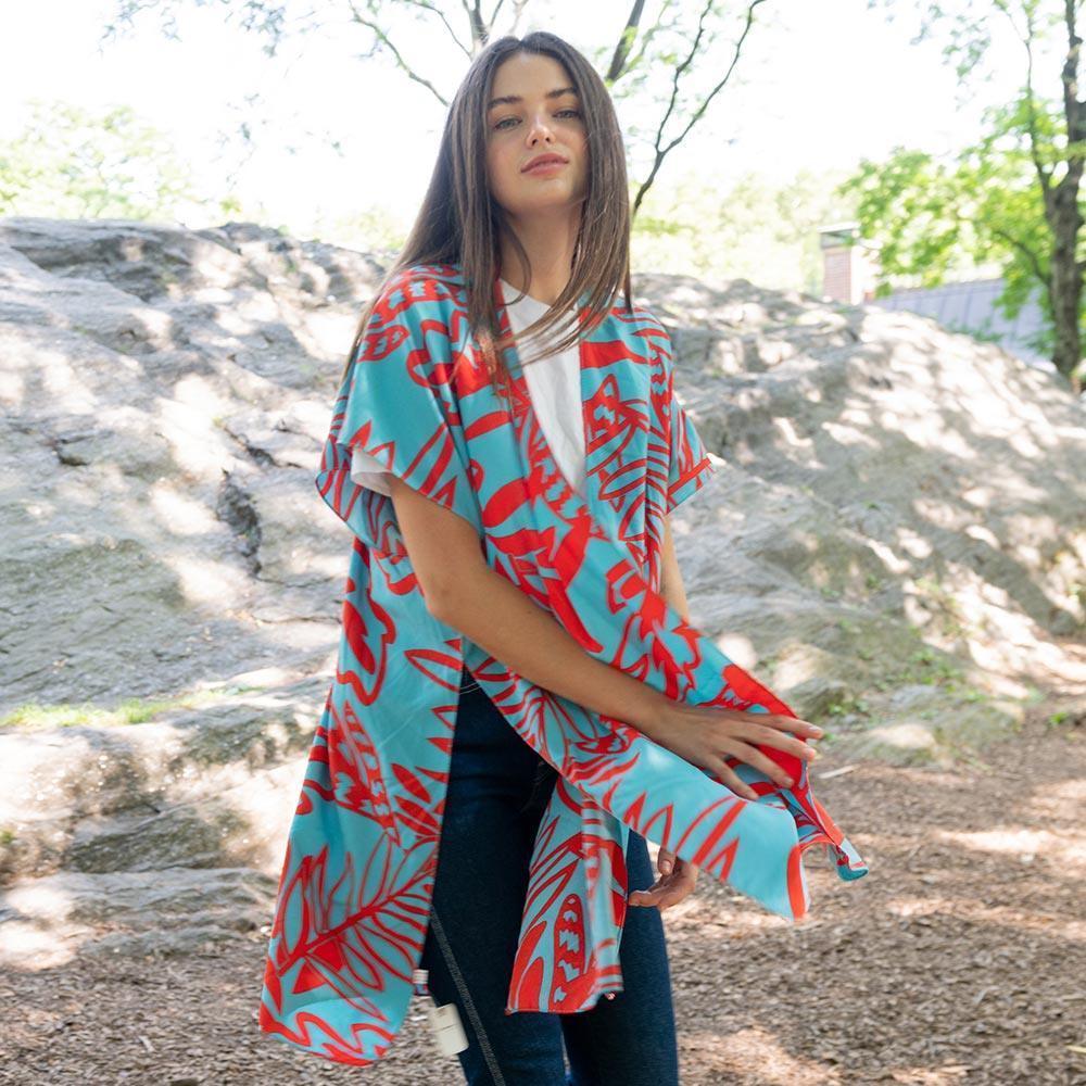 Blue Leaf Patterned Cover Up Kimono Poncho - Jewelry Store by Erik Rayo