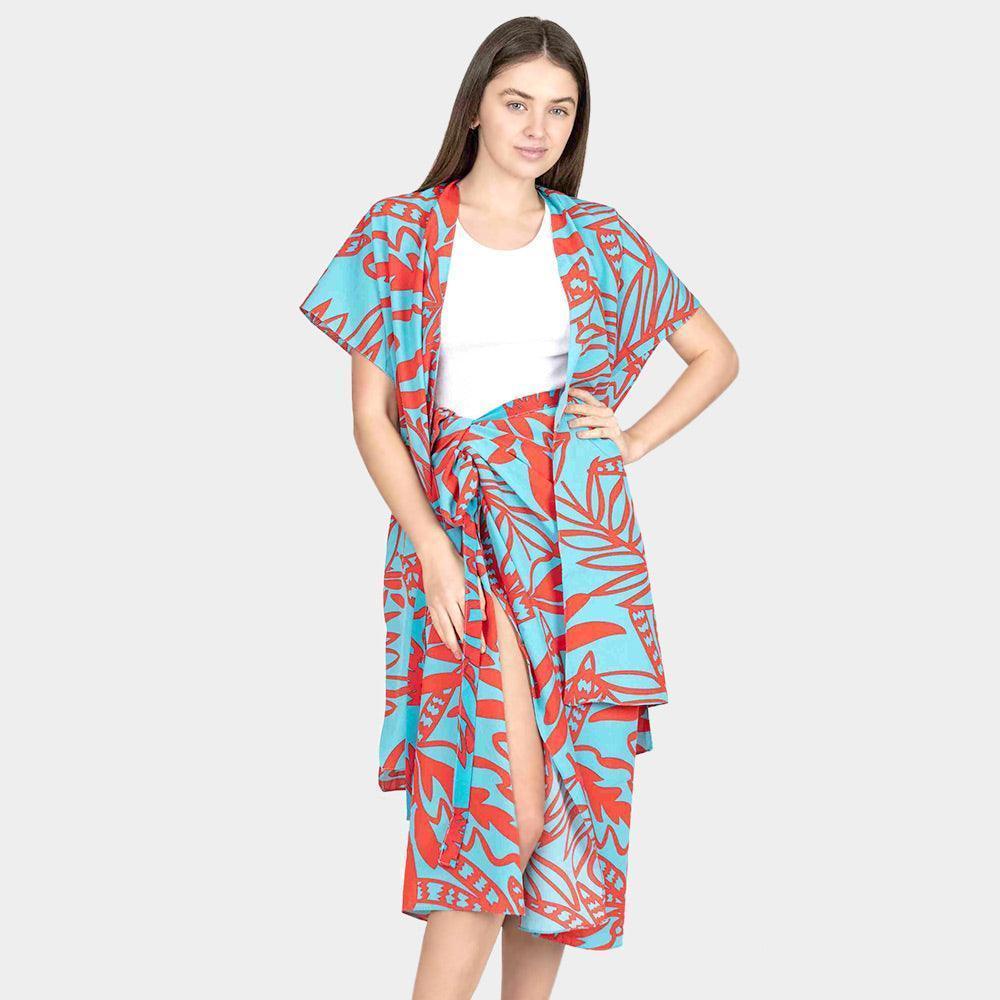 Blue Leaf Patterned Cover Up Kimono Poncho - Jewelry Store by Erik Rayo