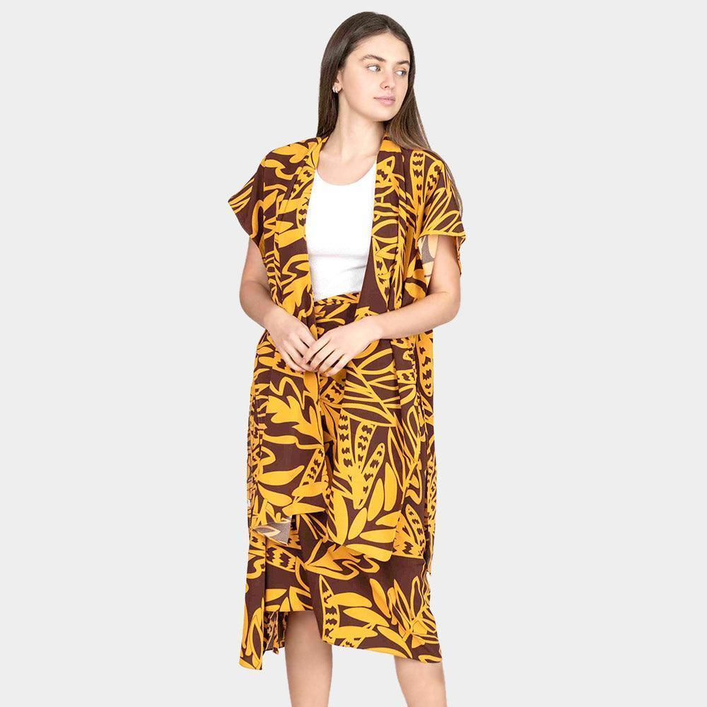 Brown Leaf Patterned Cover Up Kimono Poncho - Jewelry Store by Erik Rayo
