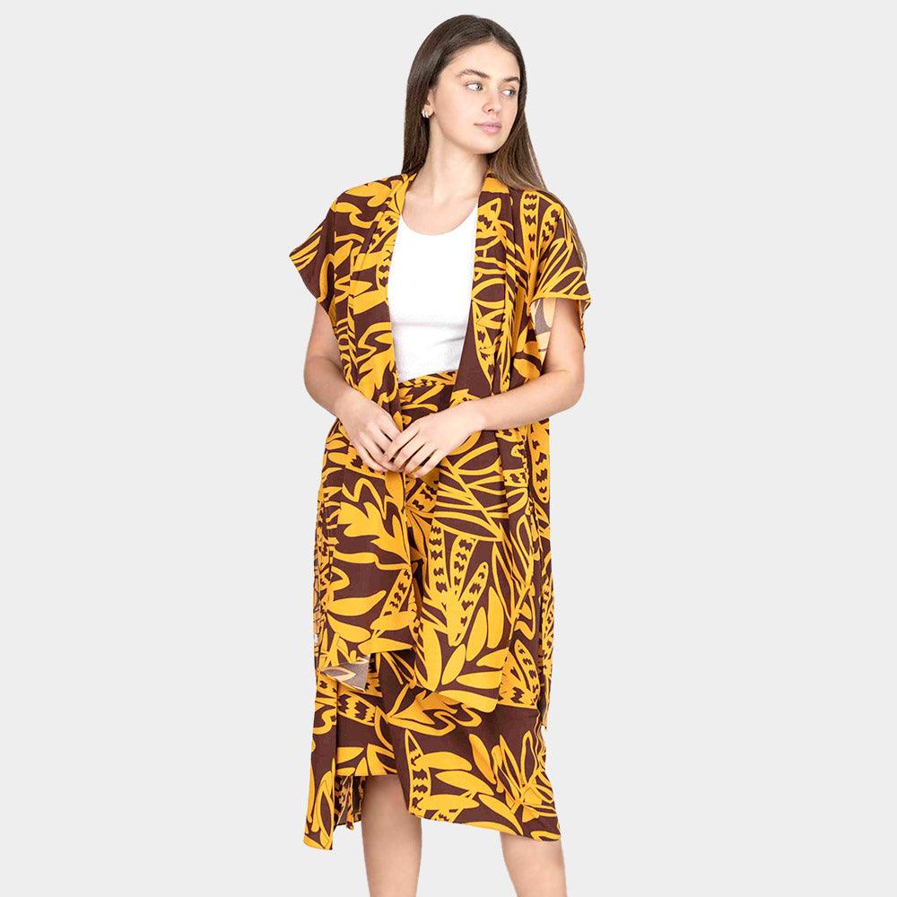 Brown Leaf Patterned Cover Up Kimono Poncho