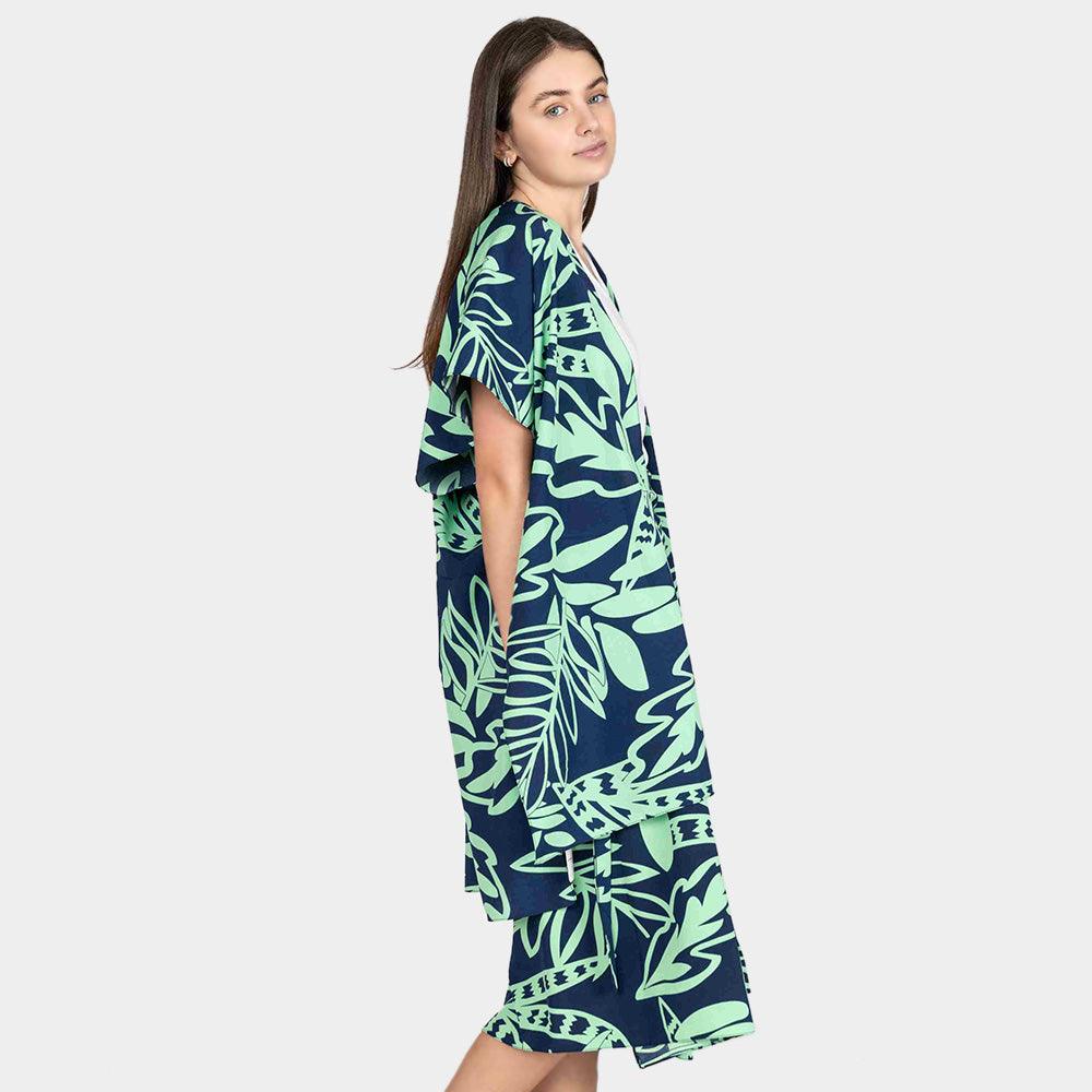 Mint Leaf Patterned Cover Up Kimono Poncho