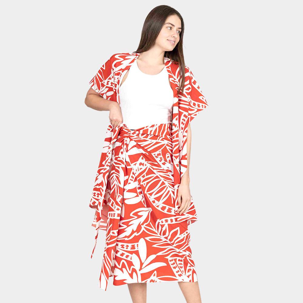 Orange Leaf Patterned Cover Up Kimono Poncho