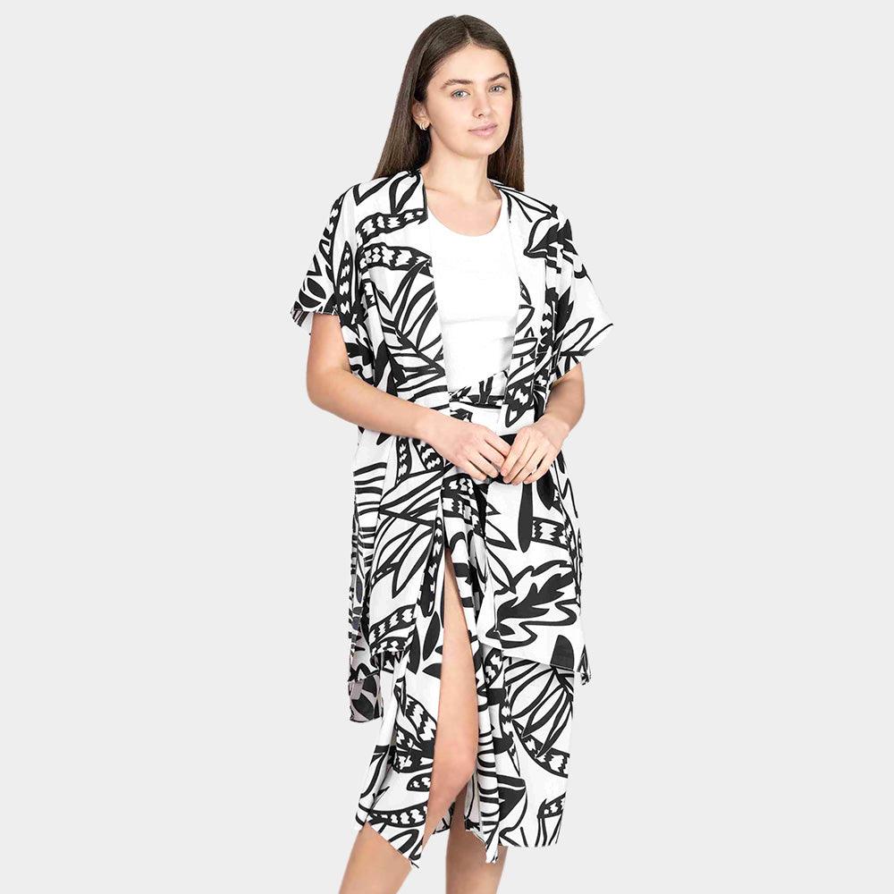 White Leaf Patterned Cover Up Kimono Poncho