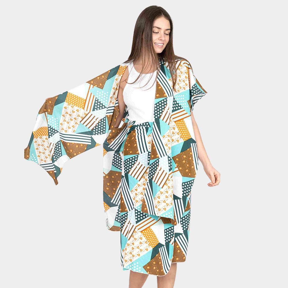 Blue Geometric Patterned Cover Up Kimono Poncho