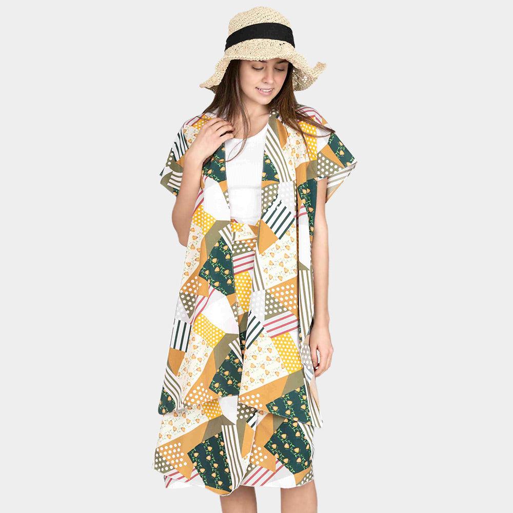 Brown Geometric Patterned Cover Up Kimono Poncho