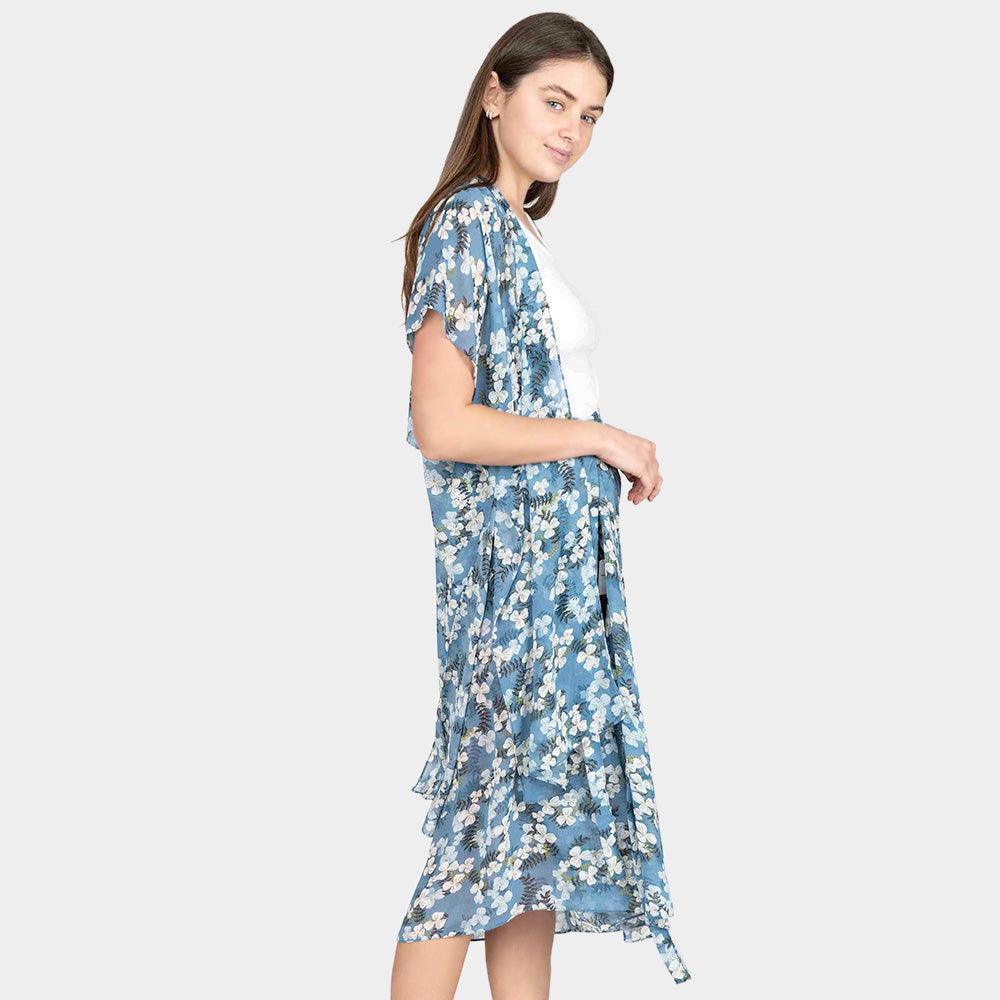 Blue Flower Patterned Cover Up Kimono Poncho - Jewelry Store by Erik Rayo