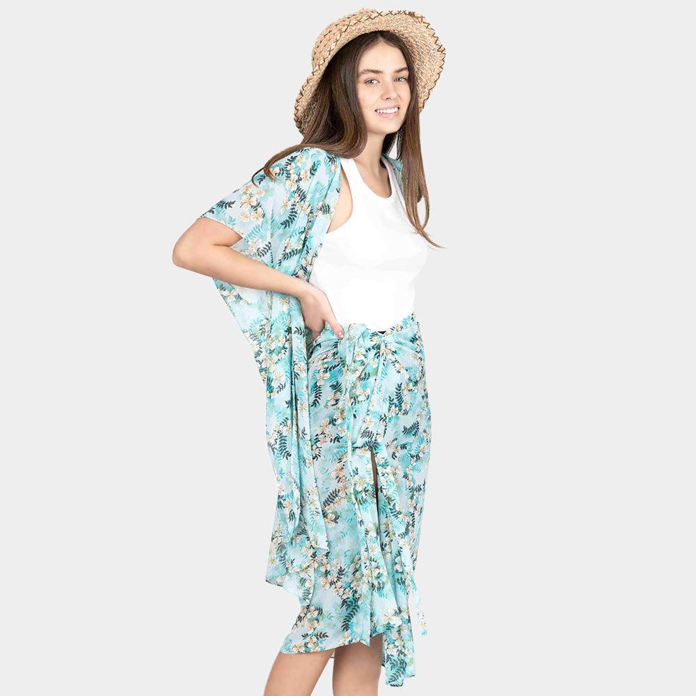 Blue Flower Patterned Cover Up Kimono Poncho