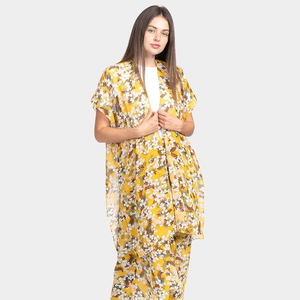 Yellow Flower Patterned Cover Up Kimono Poncho